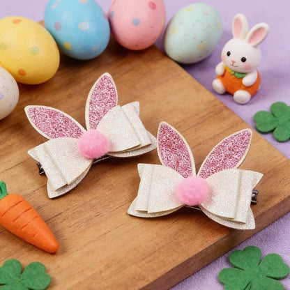 2PCS Easter Sparkly Glitter Bunny Hair Bow Clips,Pink White Rabbit Ear Barrettes with Alligator Clip,Cute Easter Hair Hairpin Accessories for Women,Spring Hair Bows for Party Daily Wear Photo Props