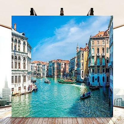 AOFOTO 8x8ft Italy Venice Photography Backdrop Water City Streetscape Italian Themed Party Decorations Background for Restaurant Canal Gondolas European Trip Birthday Portrait Photoshoot Props - size: 8x8ft