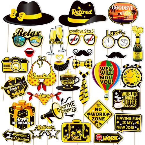 30 Pieces Retirement Photo Booth Props Happy Retirement Party Decorations Retirement Party Favors for Men Women Photobooth Kits with Sign for Party Decor Supplies (Dark Black&Yellow) - color: Dark Black&yellow