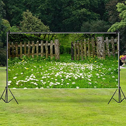 AOFOTO 15x8ft Spring Garden Daisy Flower Backdrop Rustic Wood Fence Meadow Photography Background Forest Wonderland Grass Florets Country Hiking Suburbs Picnic Girl Boy Scouts Photo Studio Props - size: 15x8ft