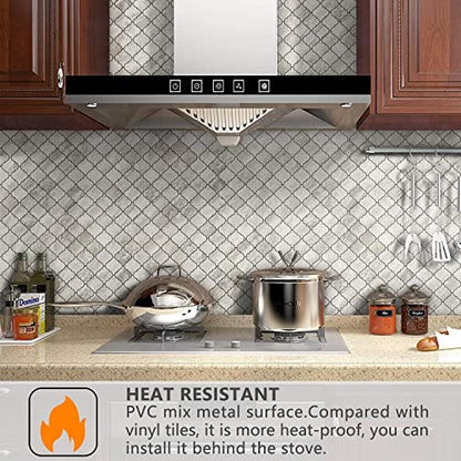 STICKGOO Arabesque Peel and Stick Backsplash Tile, Stick on Backsplash for Kitchen and Bathroom, Beige Marble Look PVC Mixed Metal Aluminum Mosaic Tiles (10 Sheets) - color: Beige