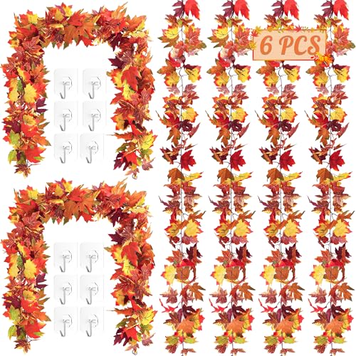 Helimoto 6 Pack Fall Mantle Garland, 35.4 FT Fall Decorations for Home with 12 Hooks, Artificial Maple Fall Garland for Autumn Thanksgiving Decor Wedding Party Fireplace Mantle Home Decorations - color: Brown, size: 6 Pcs