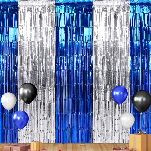 6Pack 3.3Ft x 6.6Ft Graduation Foil Fringe Curtain Backdrop Decorations, Blue Silver Metallic Tinsel Foil Streamers Curtain Photo Booth Background for Graduation Prom Wedding Birthday Party Decoration - color: Blue Silver