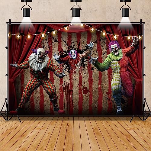 AOFOTO 5x4ft Scary Clown Decorations Backdrop Horror Circus Theme Halloween Photography Backdrop Giant Evil Clown Creepy Bloody Zombie Background Carnival Hallowmas Party Banner Photo Studio Props - size: 5x4ft