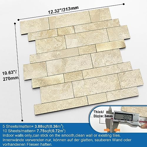 Backsplash Tile for Kitchen Peel and Stick Stone Matte Finish,Bathroom Tiles Stickers 3D Wall Panel Linear Mosaic Marble Backsplash Waterproof(10sheets,Beige Gold) - color: Beige Gold, size: 10sheets