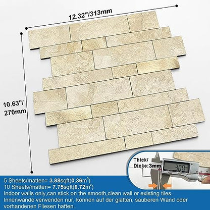 Backsplash Tile for Kitchen Peel and Stick Stone Matte Finish,Bathroom Tiles Stickers 3D Wall Panel Linear Mosaic Marble Backsplash Waterproof(10sheets,Beige Gold) - color: Beige Gold, size: 10sheets
