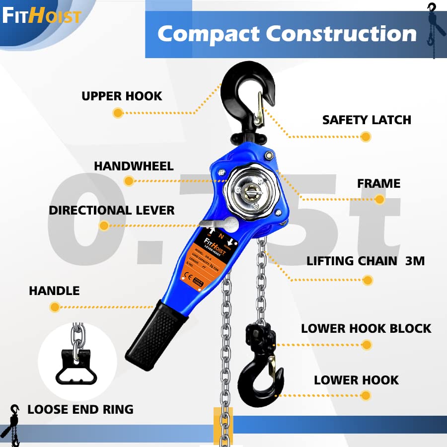 Lever Chain Hoist 1650LBS Capacity 10FT Manual Ratchet Chain Puller Hoist with 2 Hooks for Open-Air and Unpowered Operations (1650LBS 10FT)