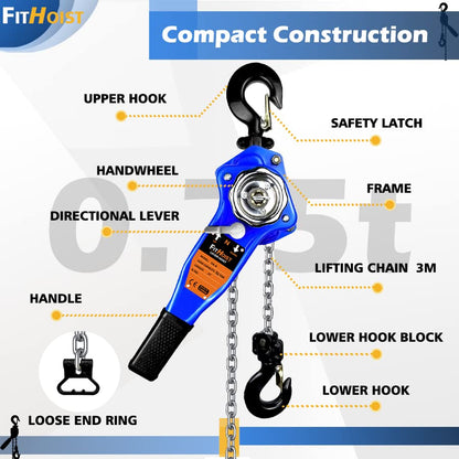 Lever Chain Hoist 1650LBS Capacity 10FT Manual Ratchet Chain Puller Hoist with 2 Hooks for Open-Air and Unpowered Operations (1650LBS 10FT)