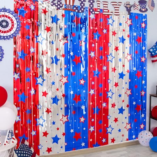 LOLStar 4th of July decorations, 3 Pack Red White Blue Decorations, 3.3x6.6ft Star Pattern Tinsel Foil Fringe Curtains, Photo Booth Props Backdrop for Memorial Day, Patriotic, USA Party Decor Supplies - size: 3 Pack