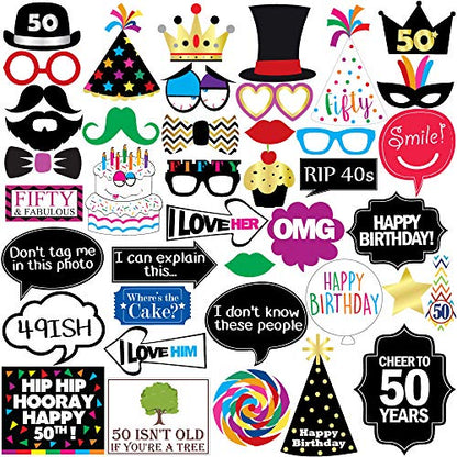 50th Birthday Photo Booth Props - 40 Pieces - Funny Birthday Party Supplies for Him or Her - Photo Booth Decorations, Favors and Gifts
