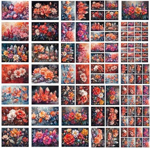 Decoupage Paper Pack (35 Sheets 6"x8") Gemstone Flowers: Radiant Floral Blooms Intertwined with Sparkling Crystals in Vibrant and Lush Dreamlike Arrangements for Enchanting Artistic Wall Art FLONZ - color: Sixteen