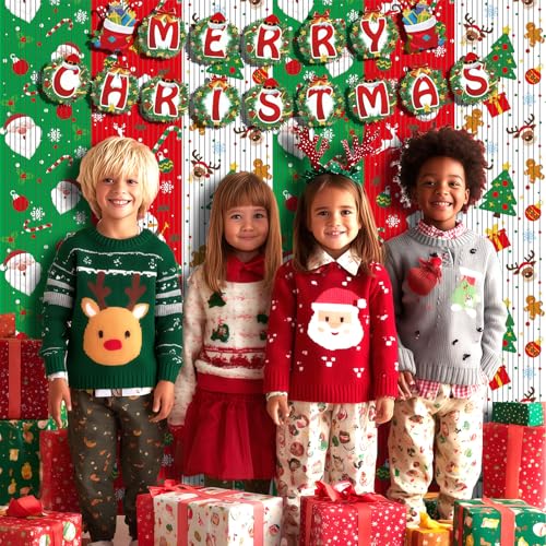 OQOQ Christmas Party Decor Backdrops Kit, 2 Pcs Red Green White Tinsel Foil Fringe Curtains & 1 Set Paper Banner, Large Christmas Photo Booth Props Friendmas Party Supplies - color: Green Red White Christmas