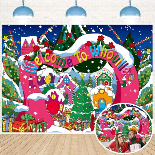 Welcome to Whoville Backdrop Winter Christmas Village Photography Background for Kids First Birthday Baby Shower Happy New Year Xmas Holiday Party Decoration Supplies Photo Props (6x4FT) - size: 6x4FT