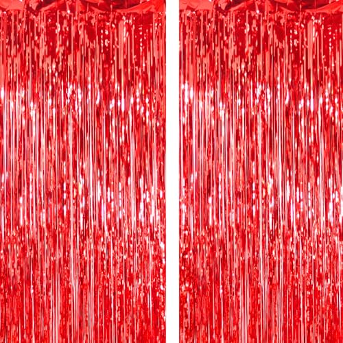 2 Pack Thickened Red Metallic Foil Fringe Curtains Streamer Rip Resistant Shimmer Tinsel Photo Booth Backdrop for Birthday Wedding Christmas Bachelorette Party Decorations 3.28ft x 6.56ft - color: Red, size: 2 Pack