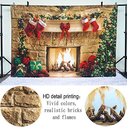 7x5ft Christmas Fireplace Theme Backdrop for Photography Tree Sock Decorations for Xmas Party Supplies Photo Background Pictures Banner Studio Decor Booth Props - size: 7ft by 5ft
