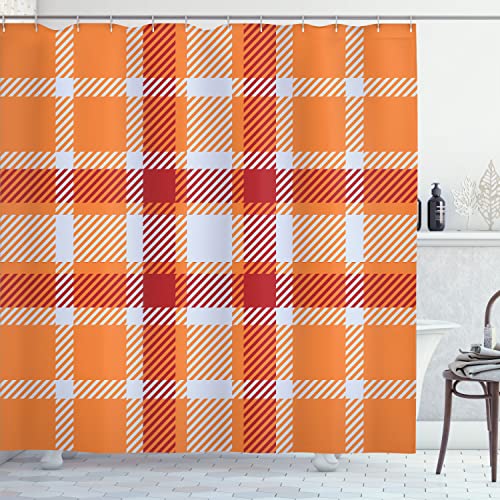 Ambesonne Plaid Shower Curtain, Retro Design Scottish Square Pattern with Off White Stripes Warm Tangerine Colors, Cloth Fabric Bathroom Decor Set with Hooks, 69" W x 70" L, Orange Ruby - color: Orange Ruby, size: 69" W x 70" L
