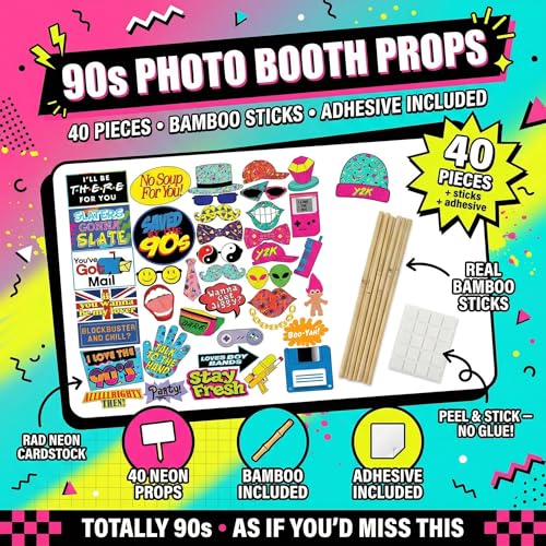 Throwback 90s Photo Booth Props - 40 Pieces - Funny 1990s Theme Party Supplies, Decorations and Gifts