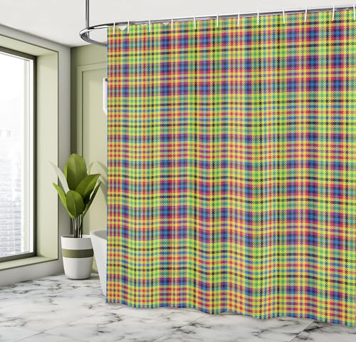Ambesonne Plaid Shower Curtain, Traditional Style Artwork of a Repetitive Colorful Squared Pattern, Cloth Fabric Bathroom Decor Set with Hooks, 69" W x 70" L, Lime Green and Multicolor - color: Lime Green and Multicolor, size: 69" W x 70" L