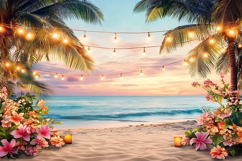 Yeele 5x3ft Sea Beach Backdrop for Photography Summer Tropical Floral Palm Trees Ocean Wave Sunset Sea Scenic Background for Hawaii Holiday Travel Kids Adults Family Portrait Photo Shoot Props - size: 5x3ft