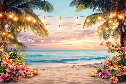 Yeele 10x8ft Sea Beach Backdrop for Photography Summer Tropical Floral Palm Trees Ocean Wave Sunset Sea Scenic Background for Hawaii Holiday Travel Kids Adults Family Portrait Photo Shoot Props - size: 10x8ft