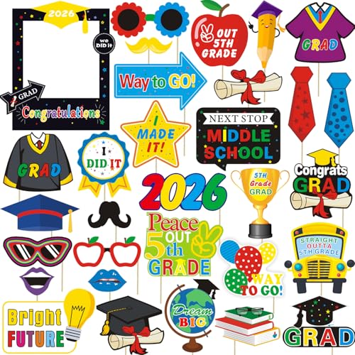 31pcs 5th Grade Graduation Photo Booth Props, 5 TH Grade Grad Photo Props for 2026 Elementary School Grads Party Decorations Primary School Grad 5th Graduation Party Supplies