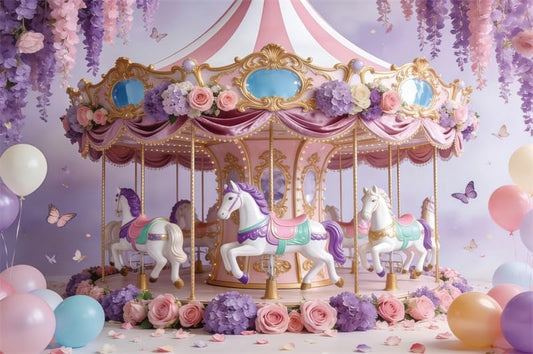 5x3ft Carousel Backdrop Pink Purple Floral Carousel Horses Wisteria Balloons Butterflies Photo Background for Princess Birthday Party Baby Shower Wedding Decor Photo Booth Props Polyester - color: Pink Purple, size: 5x3ft