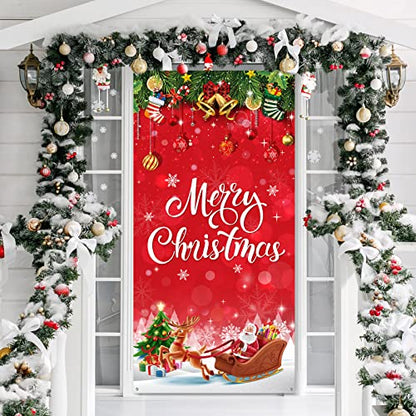Irenare Christmas Decorations Merry Christmas Door Cover Xmas Background Banner Xmas Door Hanging Covers Photo Booth Props for Winter Party Decorations Supplies, 70.9 x 35.4 Inch(Vivid Style) - style: Vivid Style