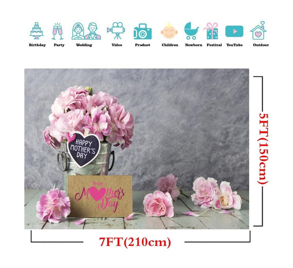 7x5ft Mother's Day Backdrops Pink Carnation Background Happy Mother's Day Backdrop Gray Abstract Background Mother's Party Decoration Banner - size: 7x5ft