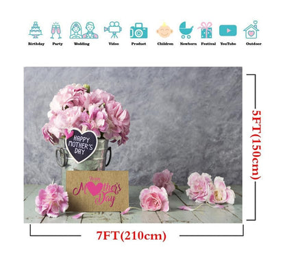 7x5ft Mother's Day Backdrops Pink Carnation Background Happy Mother's Day Backdrop Gray Abstract Background Mother's Party Decoration Banner - size: 7x5ft