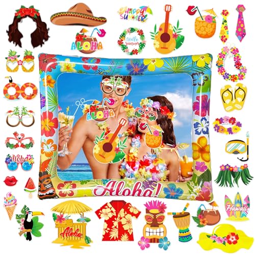 Hawaiian Party Photo Booth Props Kit, 30 PCS Luau Photo Booth Props with Large Inflatable Selfie Picture Frame for Hawaiian Tropical Tiki Summer Pool Party Supplies - size: Hawaiian Inflatable Frame 2