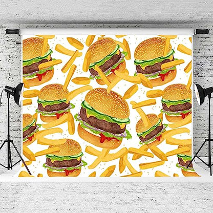 Hamburger French Fries Backdrop, 8x6ft, Fast Food Photograhy Background Birthday Party Supplies Burger Shop Decoration Banner Photo Booth Props - size: 8x6