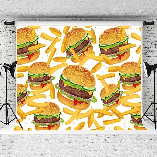 Hamburger French Fries Backdrop, 5x5ft, Fast Food Photograhy Background Birthday Party Supplies Burger Shop Decoration Banner Photo Booth Props - size: 5x5