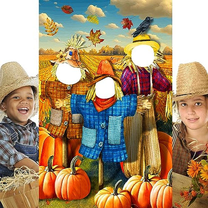 Buryeah Thanksgiving Photography Backdrop Scarecrow Pumpkin Photo Halloween Background Fall Backdrops for Photography Autumn Party Photo Props with Head Cutout Banner with 10 Meter Rope 73 x 47''