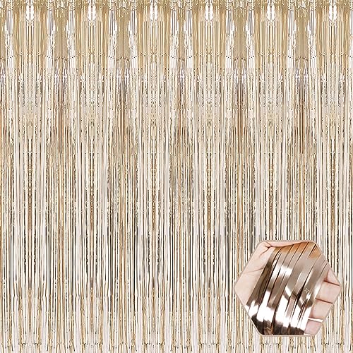 6 Pack Champagne Gold Foil Fringe Curtain Backdrop, 3.28Ft x 6.6Ft Metallic Tinsel Foil Fringe Streamer Curtains for Photo Booth, Christmas Day, Thanksgiving, Wedding, New Year Party Decorations - color: Champagne Gold