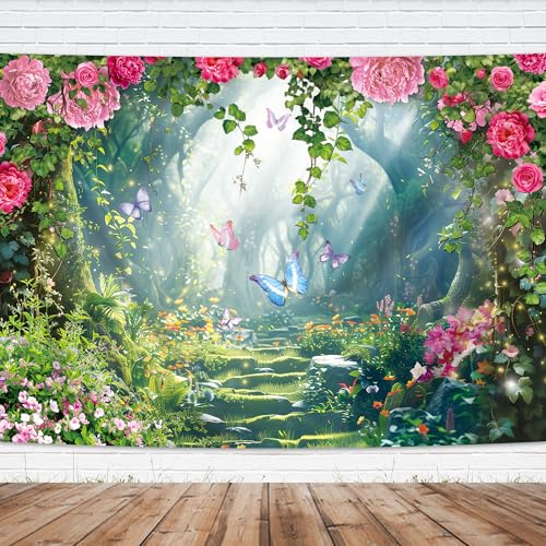 Fairy Enchanted Backdrop 7Wx5H Feet Woodland Tale Green Garden Flower Floral Butterfly Girls Polyester Fabric Birthday Wedding Photography Backgrounds Photo Shoot Decor Props Decoration - color: A-Fairy01（Floral）, size: 7Wx5H