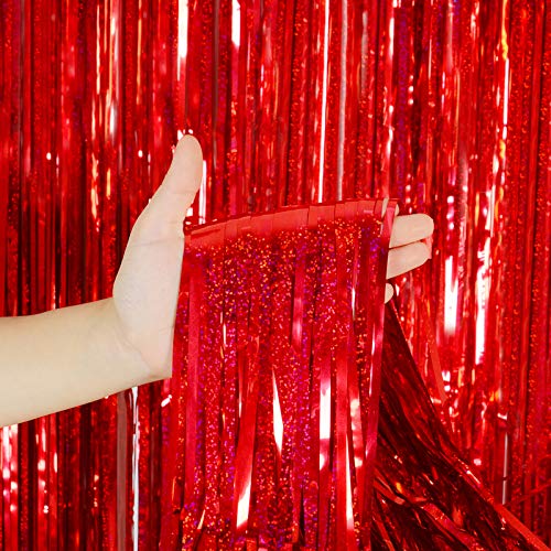 Red Foil Fringe Curtain Mothers Day Decorations 3 Pack 3.2 x 8.2 ft Shiny Tinsel Backdrop for Birthday Party Decorations, Photo Booth Background, Red Streamers Decor, Cinco De Mayo Decorations - color: Red