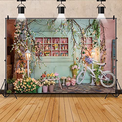 15x10ft Flower Shop Backdrop for Photography Bicycle Tulip Blossom Branches Green Florist Background Baby Shower Wedding Birthday Party Decor Kids Adults Portraits Photoshoot Photo Booth Props - size: 15x10ft