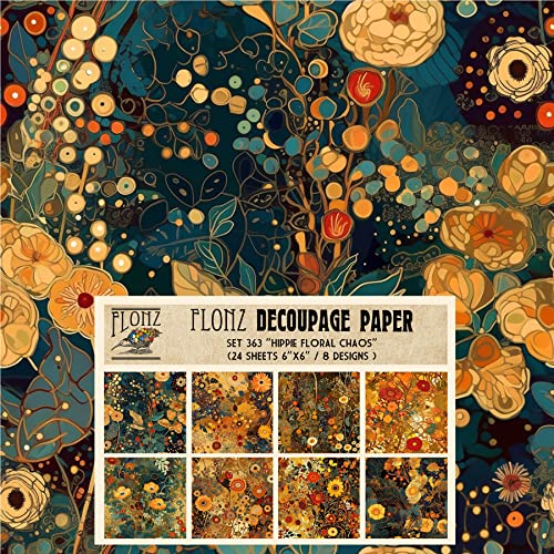 Decoupage Paper Pack (24 Sheets 6"x6") Hippe Floral Chaos # Vintage Styled Pattern Paper for Decoupage, Craft and Scrapbooking - color: ThirtyThree