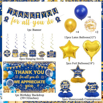 Vlipoeasn We Appreciate You Banner Decorations, Blue Gold Thank You for All You Do Backdrop Banner Honeycomb Centerpieces, Retirement Office Decor Staff Teachers Professors Doctor Nurses Appreciation - style: Bue Gold