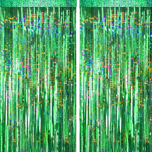 4 Packs Green Foil Fringe Curtain, Green Glitter Metallic Tinsel Backdrop for Birthday, Wedding, Baby Shower, Halloween, Christmas, Hawaiian Luau, Football, Dinosaur Jungle Party Decorations Supplies - color: Green