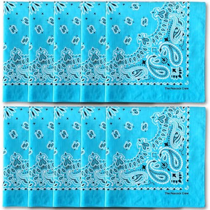 The Peacock Crew Premium Soft Cotton Bandanas Pack for Men and Women Paisley 22 x 22 inches - color: Pack of 10 Azure Blue