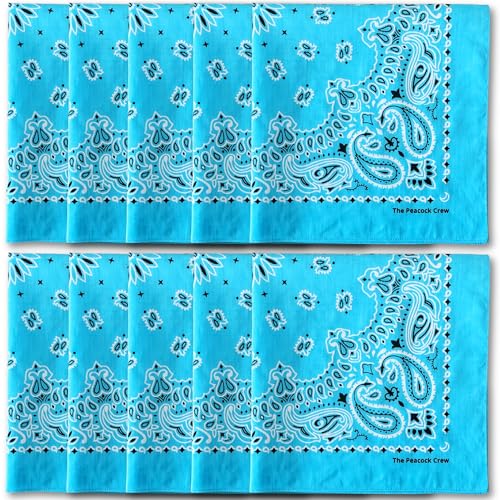 The Peacock Crew Premium Soft Cotton Bandanas Pack for Men and Women Paisley 22 x 22 inches - color: Pack of 10 Azure Blue