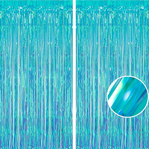 BRAVESHINE Iridescent Blue Foil Fringe Backdrop - 2 Pack 3.2x6.5 ft Holographic Tinsel Streamers Curtains for Christmas/Frozen/Winter’s Snowflake/Birthdays/Mermaid/Sea Party Decorations - color: Clear Blue