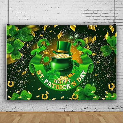 7x5ft Polyester Happy St.Patrick's Day Photography Backdrop Glitter Green Lucky Irish Shamrock Pot of Gold Ribbon Background for Newborn Kid Baby Shower Cake Smash Studio Photoshoot Props - color: Green 12872