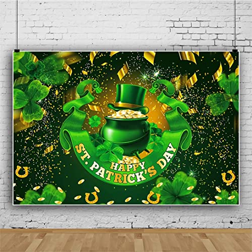 7x5ft Polyester Happy St.Patrick's Day Photography Backdrop Glitter Green Lucky Irish Shamrock Pot of Gold Ribbon Background for Newborn Kid Baby Shower Cake Smash Studio Photoshoot Props - color: Green 12872