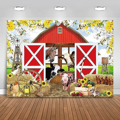 Spring Farm House Photography Backdrop 8x6ft Animals Red Rustic Barn Birthday Background Party Decorations for Kids Farm Theme Baby Shower Banner Photo Booth Props - size: 8x6ft