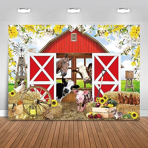 Spring Farm House Photography Backdrop 8x6ft Animals Red Rustic Barn Birthday Background Party Decorations for Kids Farm Theme Baby Shower Banner Photo Booth Props - size: 8x6ft