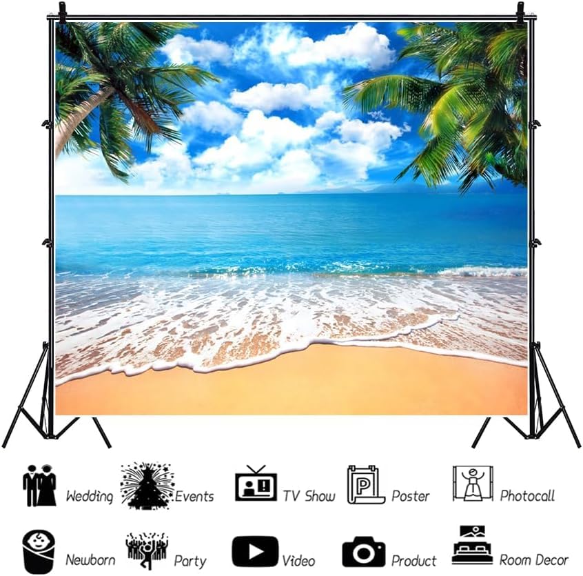 Summer Tropical Beach Backdrop Blue Sea Sky White Clouds Palm Trees Backdrop Theme Portrait Photography Background Holiday Photo Video Studio Props Banner 7x5ft - color: Blue, size: 7x5ft