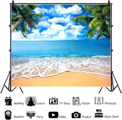 Summer Tropical Beach Backdrop Blue Sea Sky White Clouds Palm Trees Backdrop Theme Portrait Photography Background Holiday Photo Video Studio Props Banner 6x4ft - color: Blue, size: 6x4ft