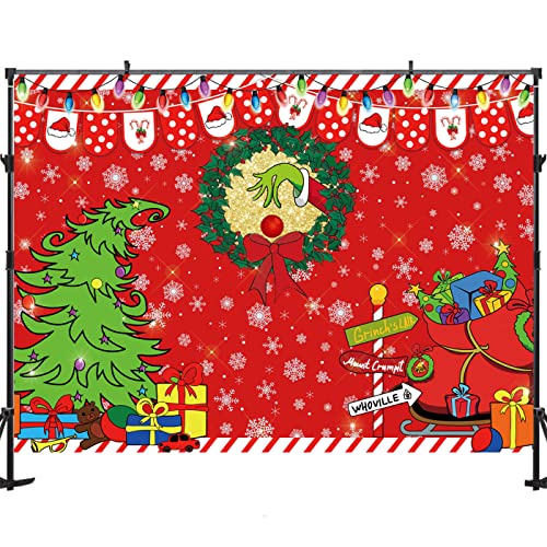 7x5ft Merry Grinchmas Backdrop Red Christmas Backdrop Xmas Tree Snow Winter Signpost Background for Christmas Family Party Photo Studio Prop - size: 7x5ft